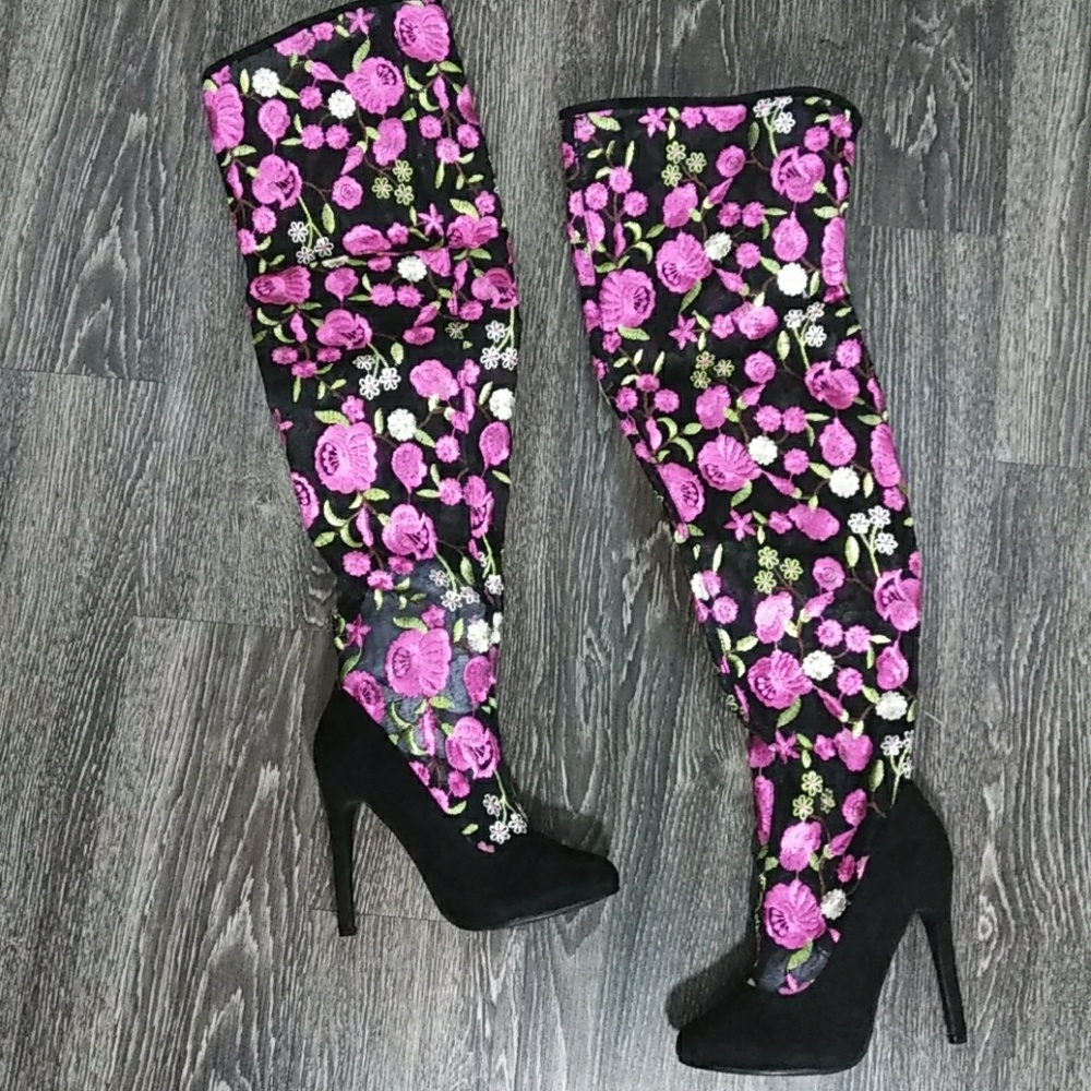 🌹 🆕Black Suede+Mesh Fuschia Thigh High Boots